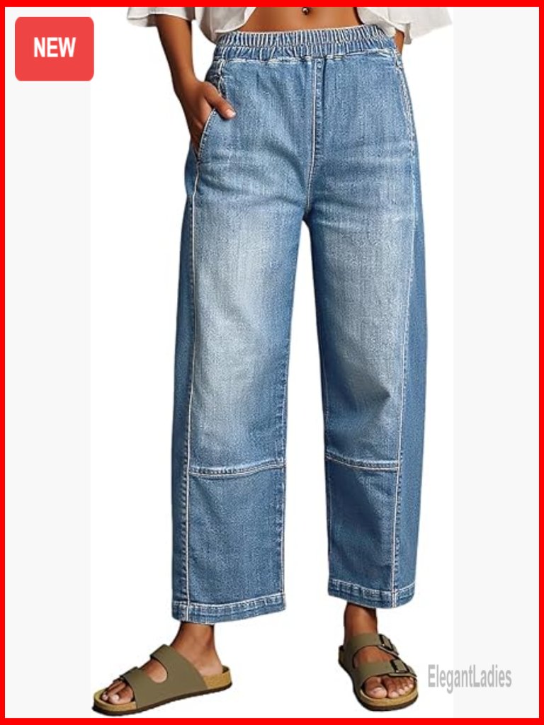 Stretchy High Waisted Wide Leg Cropped Jeans Elastic Barrel Capri Pants